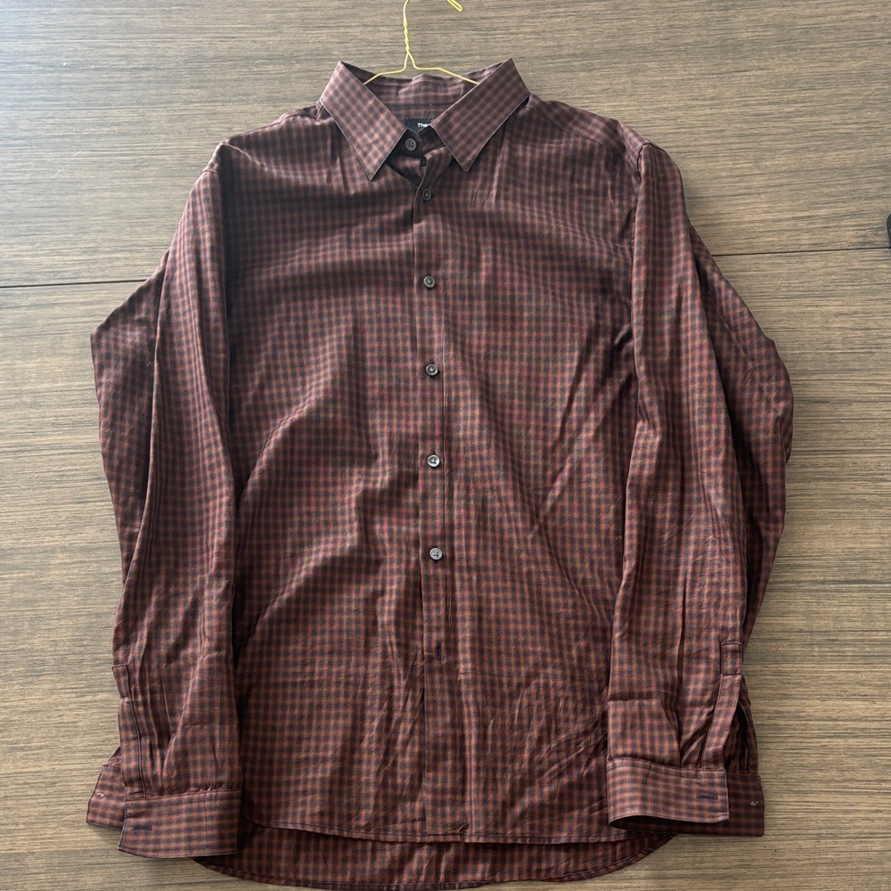 Theory Men's Maroon Checkered Button Down Shirt